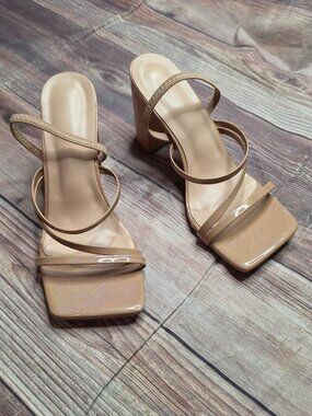 Beige Nude Iridescent Strappy Chunky Heel Square Toe Heel Sandals